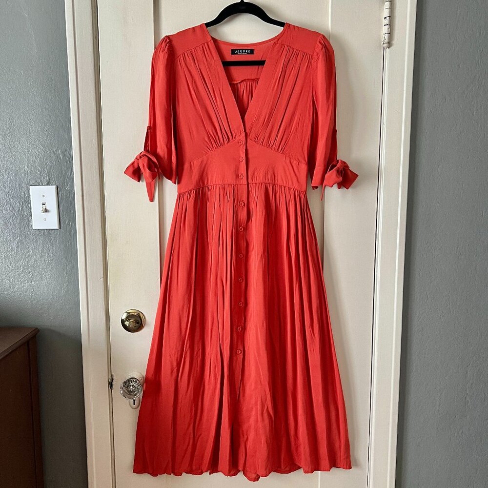 NWOT - Jeuvre V-Neck Button-Front Tie Sleeve Midi Dress - Red/Coral - Size Small